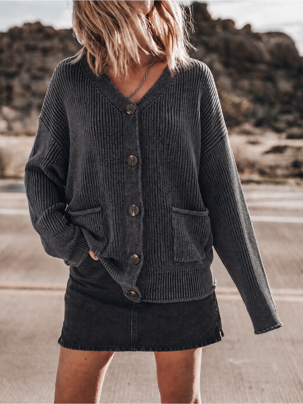 ADORA Charcoal Chunky Cotton Ribbed Cardigan S/M V-Neck Boho Chic Grunge Rustic